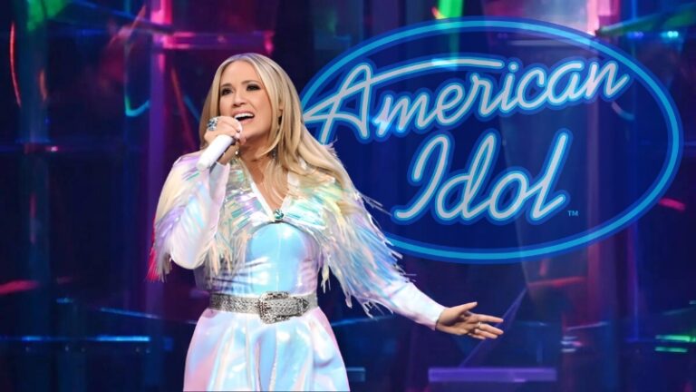 Carrie Underwood with American Idol at background.